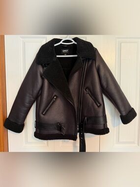 ONLY Brand Faux Leather & Faux Shearling Aviator Moto Jacket